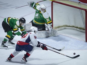 Windsor Spitfires player Christopher O’Flaherty fails to get his stick on the puck for a scoring opportunity in front of the London Knights net during OHL action at the WFCU Centre in Windsor, on Saturday, Nov. 12, 2022.   (DAX MELMER/Windsor Star)