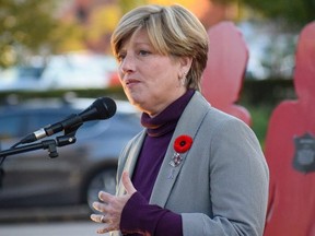 Elgin-Middlesex-London MP Karen Vecchio addresses a crowd at Victoria Park on Tuesday, Nov. 1, 2022, during the launch of the London Abused Women’s Centre’s annual Shine the Light on Woman Abuse campaign. (Calvi Leon/The London Free Press)