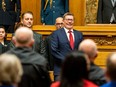 Premier of Saskatchewan Scott Moe stands before the speech from the throne at the Saskatchewan Legislature in Regina, on Wednesday, Oct. 26, 2022.