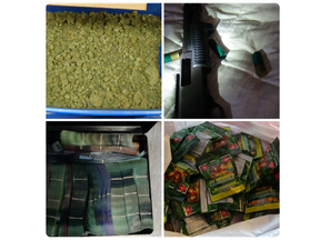 Police made public several images after dismantling an illegal marijuana distribution network. Clockwise from top left: marijuana buds, a gun, edibles, and cash. (OPP photos)