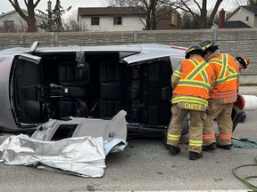 London firefighters freed one person from a vehicle that ended up on its side following a multi-vehicle crash in west London Monday afternoon. London fire department photo