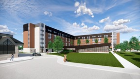 Huron University College held a ground-breaking Wednesday for a new residence. The building, shown in a rendering, will include more than 300 student rooms and a dining area. Huron University College handout