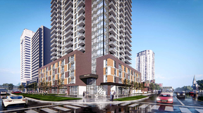A 35-storey, 435-unit highrise is proposed for 300-320 King St., beside the DoubleTree by Hilton. This rendering shows the proposed tower on the northwest corner of King and Waterloo streets.