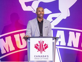 Damian Warner speaks during the Canada's Walk of Fame Hometown Stars celebration for the Olympic decathlon champion in London, Ont. on Monday November 14, 2022. (Derek Ruttan/The London Free Press)