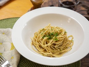 Pasta with onion and pancetta. (Derek Ruttan/The London Free Press)