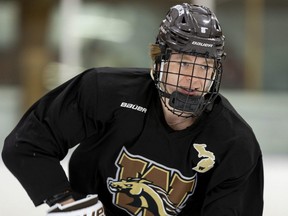 Ryan McAllister of London is off to a flying start in NCAA men's hockey. The Western Michigan University freshman, who was on the ice with B.K Hockey at London Sports Park on Thursday, Dec. 15, 2022, is leading the NCAA in scoring. (Mike Hensen/The London Free Press)