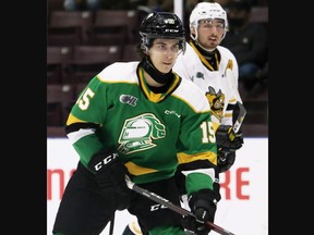London Knights player Abakar Kazbekov (15) is shown in Ontario Hockey League action against the Sarnia Sting at Progressive Auto Sales Arena in Sarnia on Saturday, Oct. 16, 2021. Mark Malone/Sarnia Observer