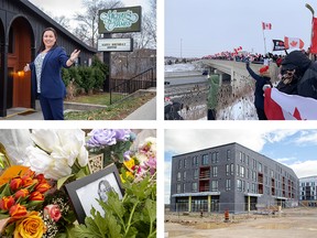 Among the photos illustrating top stories in London during 2022 are, clockwise from top left, Tammy Smith as the new owner of Michael's on the Thames restaurant, supporters  on the Wellington Road overpass waiting for the trucker convoy to pass through, a stalled residential development at 865 Kleinburg Dr. which became the subject of a $58-million lawsuit from lenders and flowers around a photo of Ivy student Maija Nenonen fatally struck by a truck in her apartment parking lot.  

(Free Press file photos)
