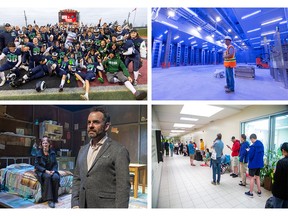 Clockwise from top left: The Laurier Rams celebrate with their OFSAA championship pennant after defeating the top-ranked Newmarket Huron Heights Warriors in football; Lou Cappa of Maple Leafs Foods shows off the blue-lit area where chickens are calmed before processing at a new London facility; People line up at Cherryhill Mall amid a backlog of Canadians seeking passports and renewals; Author and playwright Emma Donoghue and Grand Theatre artistic director Dennis Garnhum pose on the set of Room. (Photos by Mike Hensen and Derek Ruttan/The London Free Press)
