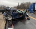 One person was killed Thursday afternoon when a transport truck, pickup truck and car collided on Huron Road east of Clinton, Huron OPP said. (OPP Twitter photo)
