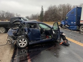 One person was killed Thursday afternoon when a transport truck, pickup truck and car collided on Huron Road east of Clinton, Huron OPP said. (OPP Twitter photo)