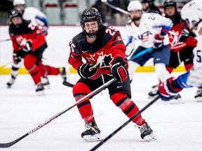 Abby Stonehouse came home with a gold medal from the IIHF under-18 women’s world championship. The 16-year-old forward from Blenheim helped Canada beat Sweden 10-0 in Sunday’s final in Ostersund, Sweden. (Dave Holland/Hockey Canada Photo)