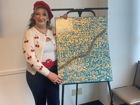 Brittany Baker created a diptych of paintings, called Keeping It Together for the waiting room at CMHA Thames Valley Addiction and Mental Health Services. (RANDY RICHMOND/The London Free Press)
