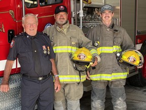 Bob Merner with his son Marty and grandson Cody. All three of them serve as volunteer firefighters in the Huron County community of Zurich but Bob, 82, is now set to retire.