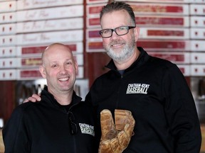 Chatham-Kent Blackbirds owner Dom Dinelle, left, and new general manager Harry Muir announce the name of the Intercounty Baseball League expansion team at the Red Barn Brewing Company in Blenheim on Friday, Jan. 27, 2023. (IMark Malone/Postmedia Network)