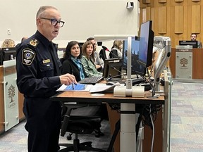 Middlesex-London Paramedic Services chief Neal Roberts presents at a London city council committee’s budget deliberations on Tuesday Jan. 17, 2023. Jennifer Bieman/The London Free Press