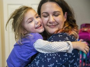Jacqueline Petricca is relieved to have her daughter Bianca Gallant home after the five-year-old was left alone on a school bus for 1 1/2 hours on Monday when she was forgotten by the driver. Photo shot in London on Tuesday, Jan. 10, 2023. (Derek Ruttan/The London Free Press)