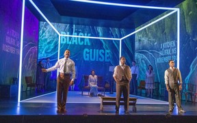 Stewart Adam McKensy, left, Dante Prince and Cameron Grant perform a scene from Controlled Damage at the Grand Theatre in London. The plays tells the story of Viola Desmond, who ignited the civil rights movement in Canada. (Derek Ruttan/The London Free Press)