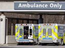 Ambulances parked outside the emergency department at University Hospital on Monday Jan 16, 2023. Mike Hensen/The London Free Press