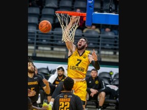 Mike Edwards of the London Lightning misses a dunk attempt while playing against the Sudbury 5 at Budweiser Gardens in London on Friday Thursday 20, 2023. Derek Ruttan/The London Free Press
