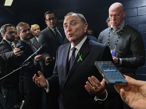 NHL commissioner Gary Bettman speaks during a news conference prior to an NHL hockey game between the Montreal Canadiens and Boston Bruins in Montreal, Tuesday, January 24, 2023.