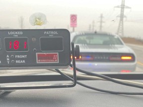 An image shared by Elgin County OPP of a traffic stop involving a Windsor driver on Highway 401 on Jan. 10, 2023.