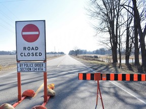Melbourne Road between Falconbridge Drive and Parkhouse Drive was closed for several hours for an investigation into a fatal crash in the area on February 14, 2023. (Calvi Leon/The London Free Press)