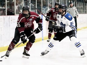 Chatham Maroons' Nate Dowling (10) protects the puck from London Nationals' Brayden Thompson (91) in the third period on Sunday, February 19, 2023 at Chatham Memorial Arena. (Mark Malone/Postmedia Network)