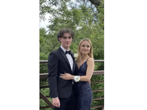 Jacob Cloney, left, and Chloe MacKenzie went to prom together, friend Jackson Teixeira said Sunday. MacKenzie was killed in two-vehicle crash in south London on Wednesday Feb. 1, 2023 that left Cloney seriously injured. (Facebook/Jackson Teixeira)