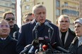 Turkish President Recep Tayyip Erdogan talks to the press during his visit to the hard-hit southeastern Turkish city of Diyarbakir, five days after a 7.8 magnitude earthquake struck the border region of Turkey and Syria, on February 11, 2023. - The disaster and resulting fury at how the Turkish government has handled it, comes just months before a presidential election in June. Erdogan conceded for the first time on February 10, 2023 that his government was not able to reach and help the victims "as quickly as we had desired". (Photo by ILYAS AKENGIN/AFP via Getty Images)