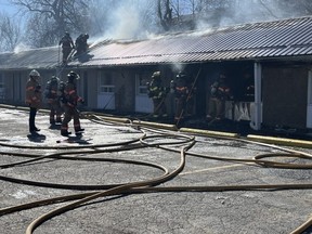 London firefighters battle the flames at the Super 7 Motel on Wellington Road South on Feb. 11, 2023. No injuries were reported. (Jennifer Bieman/The London Free Press)