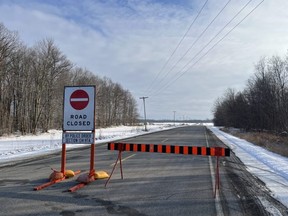 Middlesex OPP closed a section of Kerwood Road southwest of Strathroy Saturday Feb. 25, 2023 after a fatal two-vehicle crash at a rural intersection. (Jennifer Bieman/The London Free Press)