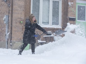 Suzanne Franklin shovels snow from her driveway in London on Friday, Feb. 3, 2023. "It's wild, but we've been pretty lucky so far, so it was bound to happen," she said of the snowstorm. (Derek Ruttan/The London Free Press)