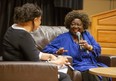 Terry McQuaid, left, Western University's director of wellness and well being, speaks with Jean Augustine, Canada's first black female member of Parliament, during a fireside chat at Western University in London on Wednesday, Feb. 8, 2023. (Derek Ruttan/The London Free Press)