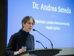 Dr. Andrea Sereda, a physician at London InterCommunity Health Centre, speaks during a press conference detailing a proposed new system to help Londoners experiencing homelessness. Photo shot at RBC Place in London on Tuesday February 21, 2023. Derek Ruttan/The London Free Press/Postmedia Network