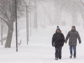 Dmytro Tarabanov of London, right, has his father Volodymyr Tarabanov from Ukraine staying with him due to the war in Ukraine. They were enjoying the snowfall in London's Harris Park on Feb. 3, 2023. (Mike Hensen/The London Free Press)