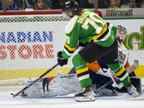 Ruslan Gazizov of the London Knights makes it 2-0 with a solo effort past Flint Firebirds goalie Will Cranley at Budweiser Gardens in London on Monday February 6, 2023. Mike Hensen/The London Free Press/Postmedia Network