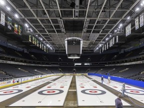 The 2023 Brier rink is shown while being prepared at Budweiser Gardens in London. The Canadian men's curling championship runs from March 3-12. (Mike Hensen/The London Free Press)