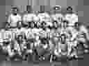 The 1934 Ontario Baseball Amateur Association intermediate B champions, the Chatham Colored All-Stars, are shown in a team photo taken before their historic run for the title. Team members are, front row, left: Stanton Robbins, batboy Jack Robinson and Len Harding. Second row: Hyle Robbins, Earl (Flat) Chase, King Terrell, Don Washington, Don Tabron, Ross Talbot and Cliff Olbey. Back row: coach Louis Pryor, Gouay Ladd, Sagasta Harding, Wilfred (Boomer) Harding and coach Percy Parker. Manager Joe (Happy) Parker is absent. Daily News File Photo
