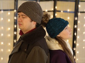 Adam Corrigan Holowitz as him and Kydra Ryan as her in february: a love story, presented by AlvegroRoot Theatre, which opens at London's Manor
Park Memorial Hall Thursday.