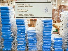 A total of 84 bricks of suspected cocaine worth roughly $4 million were seized from an Ontario-bound commercial truck at the Blue Water Bridge Dec. 14, border and RCMP officials say. (Supplied)
