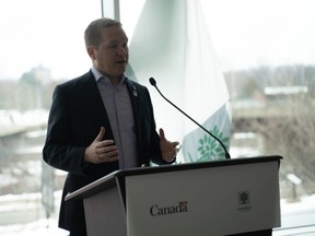 London Mayor Josh Morgan speaks at the announcement of $3.6 million in federal funding to improve London's Broughdale Dike, north of downtown, at Museum London Friday. (Jonathan Juha/The London Free Press)