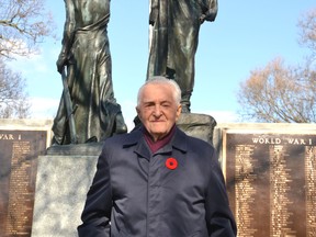 Stratford Second World War veteran Arthur Boon died at age 98 on March 12. He stands at the Stratford Cenotaph, where he organized and led Remembrance Day ceremonies every year since he returned home from the war in 1946, ahead of the city's Remembrance Day ceremony in 2021. (Galen Simmons/Beacon Herald file photo)
