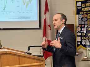 Doug Porter, BMO's chief economist and a London native, speaks about the outlook for the Canadian and global economies in 2023, while sharing some insights on what's in store for London, in a presentation at the Kiwanis Seniors’ Community Centre in London on Thursday, March 23, 2023. (JONATHAN JUHA/The London Free Press)