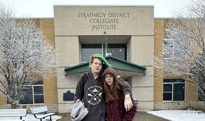Grade 9 students Woodland Mavka, left, and Aleks Godfrey-Fidom are among the more than 200 students who have signed an online petition after their high school, Strathroy District Collegiate Institute, removed external washroom doors to reduce vandalism and vaping.  (JONATHAN JUHA/The London Free Press)