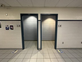 An official with the Thames Valley District school board said removing the washroom doors at Strathroy District Collegiate Institute does not infringe on student privacy because no one can see into the washroom from the corridor.  Photograph taken on Wednesday, March 29, 2023. (JONATHAN JUHA/The London Free Press)