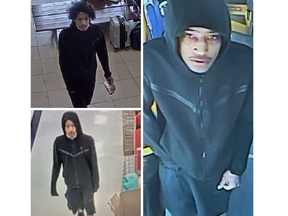 This is a mashup of images of a suspect in a random downtown London stabbing that left a man with critical injuries on Tuesday, March 21, 2023. (Handout photos)