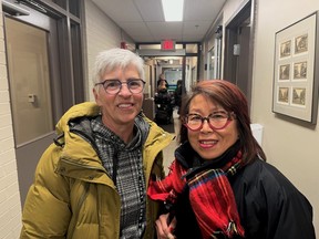 Accessibility advocates Jacqueline Madden, former chair of city hall's accessibility advisory committee, left, and Wendy Lau, chief executive of LEADS Employment Services, were part of a delegation at the London Transit Commission office on Monday, March 6, 2023. (Calvi Leon/The London Free Press)