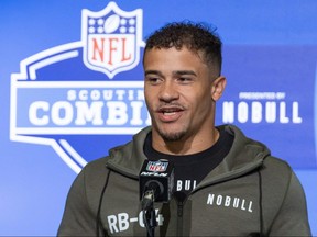 Illinois running back Chase Brown, a London native, speaks to the press at the NFL draft combine at Lucas Oil Stadium in Indianapolis on March 4, 2023. (Trevor Ruszkowski-USA TODAY Sports)