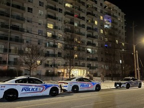 A man was arrested, and two London police officers were seriously injured, after a 12-hour armed standoff at 621 Kipps Lane on March 11, 2023. (Jennifer Bieman/The London Free Press)